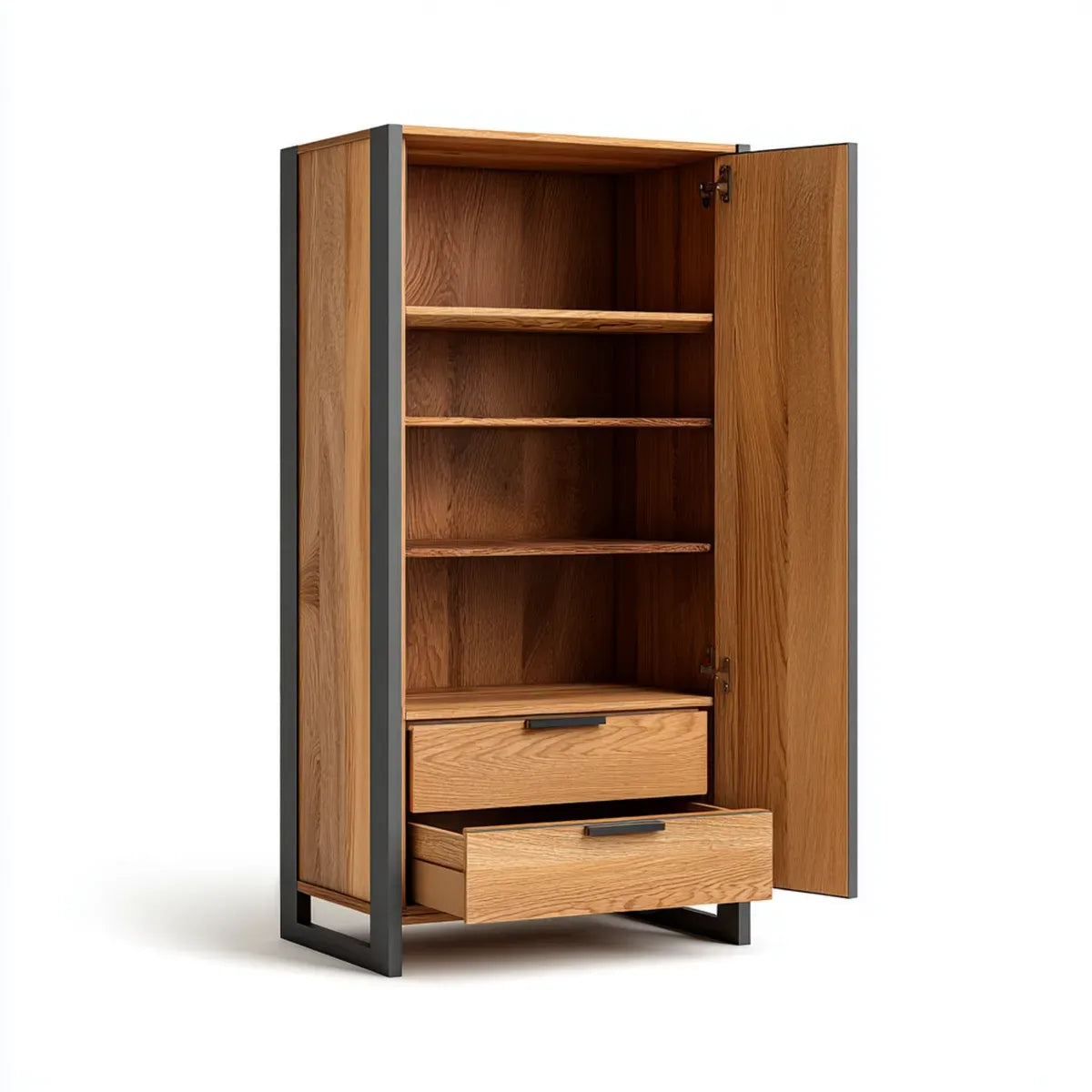 Armoire de chambre 2 portes avec 2 tiroirs chêne naturel acier noir 90 x 45 x 190 cm rectangulaire