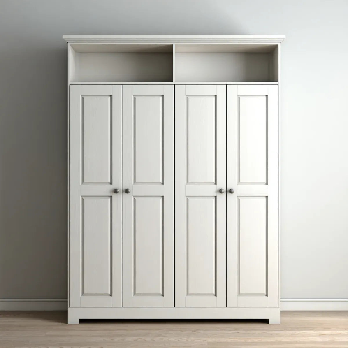 Armoire de chambre 4 portes blanche avec niches ouvertes 200 x 60 x 220 cm en panneaux MDF et aggloméré rectangulaire