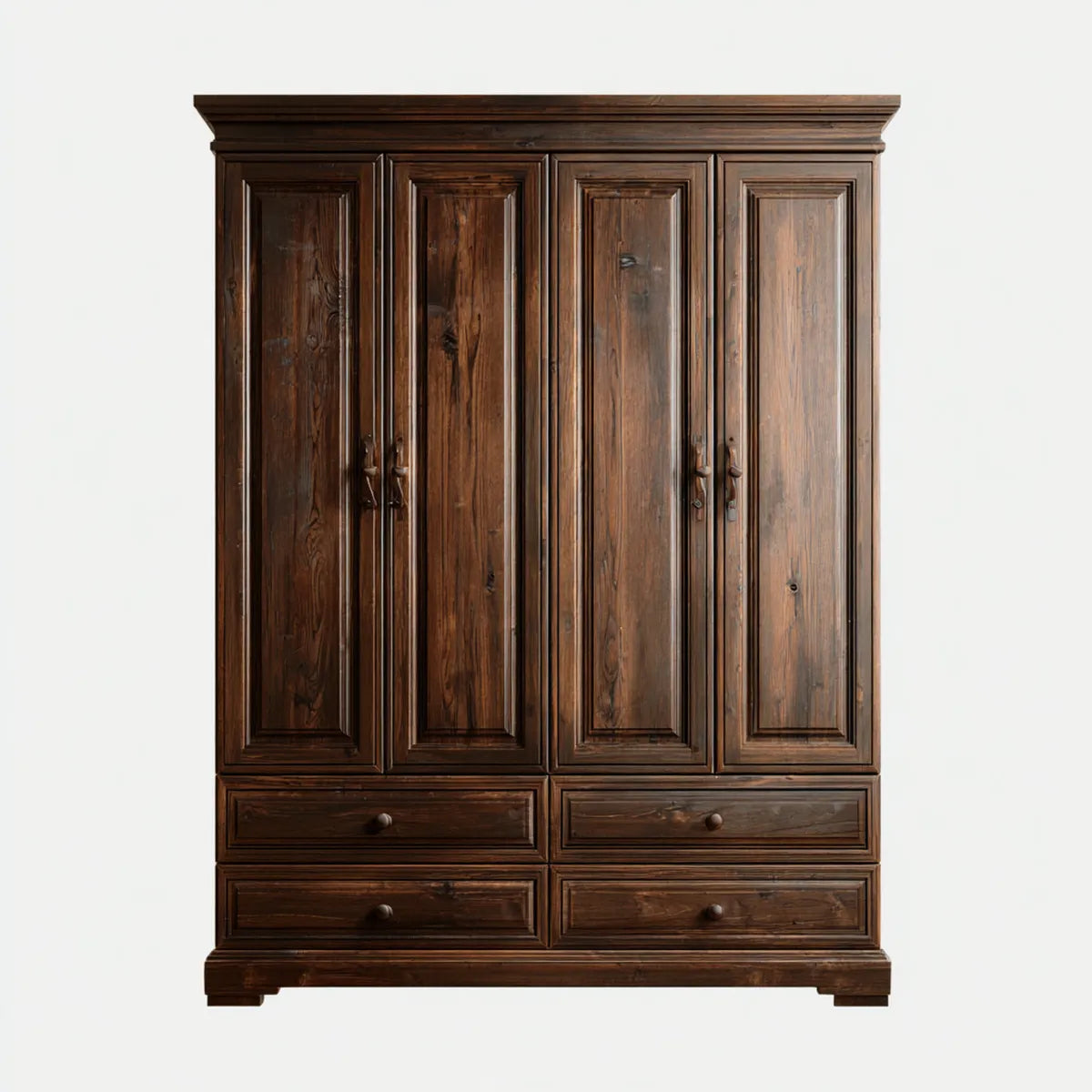 Armoire de chambre 4 portes 4 tiroirs brun foncé en pin massif rectangulaire 200 x 60 x 220 cm