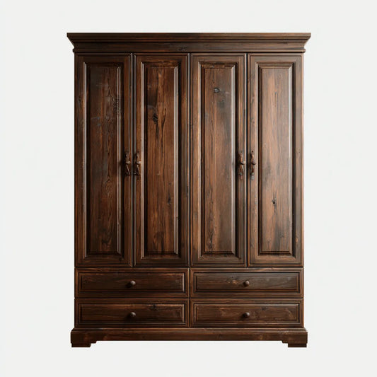 Armoire de chambre 4 portes 4 tiroirs brun foncé en pin massif rectangulaire 200 x 60 x 220 cm