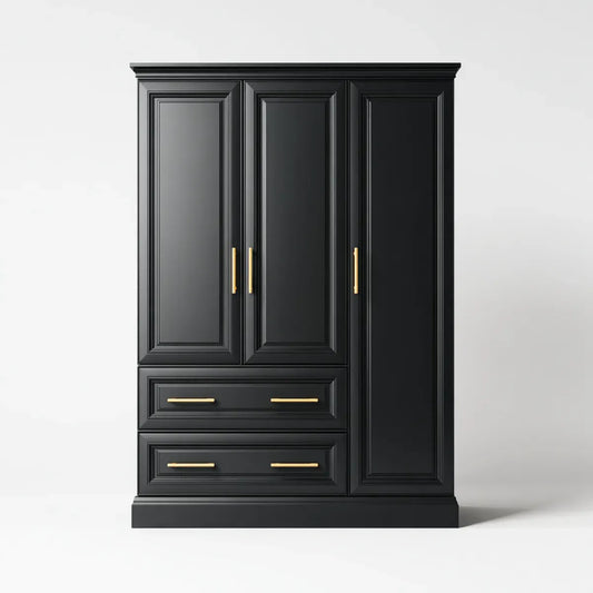 Armoire penderie 3 portes 2 tiroirs noire rectangulaire en panneaux MDF 160 x 60 x 220 cm