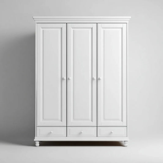 Armoire de chambre 3 portes 3 tiroirs blanche 150 x 55 x 200 cm en panneaux MDF et panneaux de particules rectangulaire