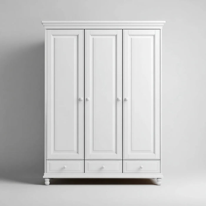 Armoire de chambre 3 portes 3 tiroirs blanche 150 x 55 x 200 cm en panneaux MDF et panneaux de particules rectangulaire