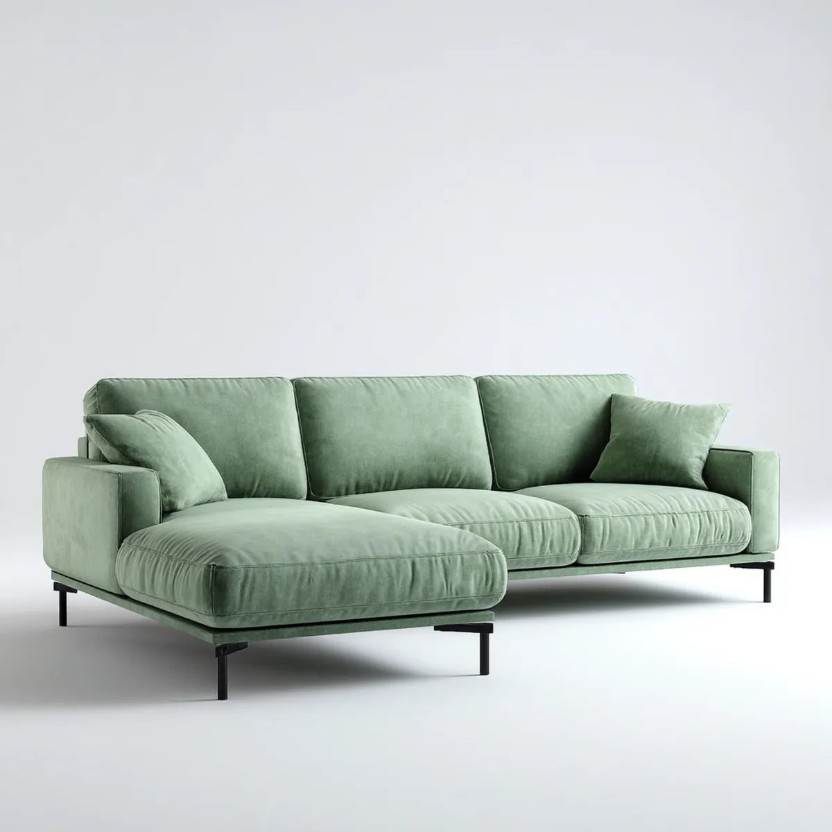Canapé d’angle gauche 3 places vert sauge 280 x 160 x 85 cm en velours de polyester avec pieds en acier