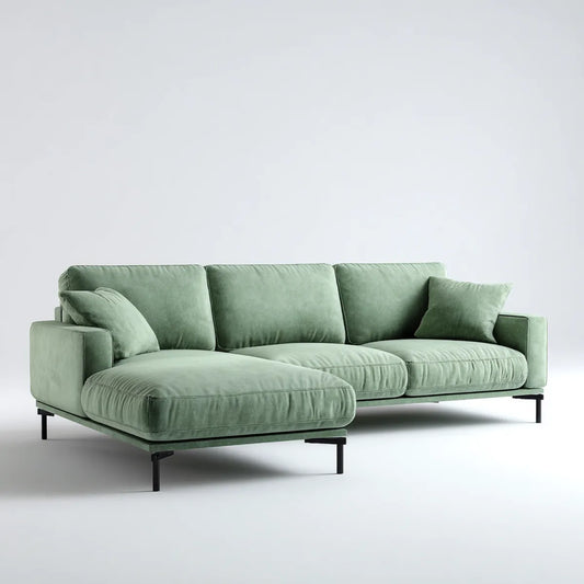 Canapé d’angle gauche 3 places vert sauge 280 x 160 x 85 cm en velours de polyester avec pieds en acier