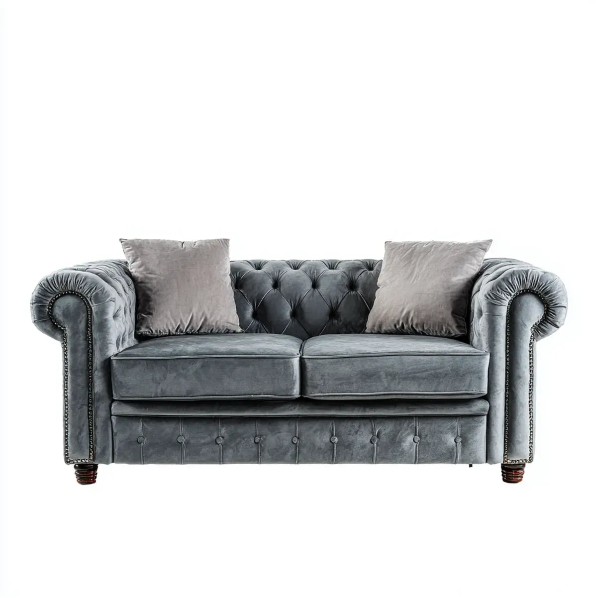Canapé 2 places gris capitonné en polyester effet velours 180 x 90 x 75 cm