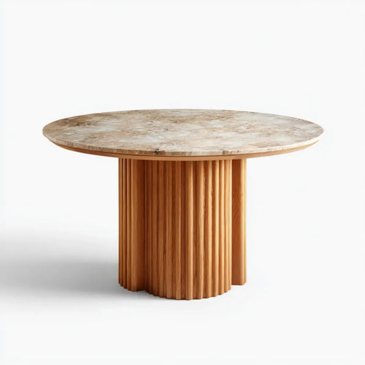 Table à manger ronde beige et chêne 120 x 120 x 75 cm plateau en pierre reconstituée pied cannelé plaqué chêne