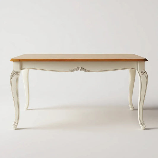 Table à manger rectangulaire ivoire et marron miel 160 x 90 x 76 cm en hévéa massif et MDF plaqué frêne